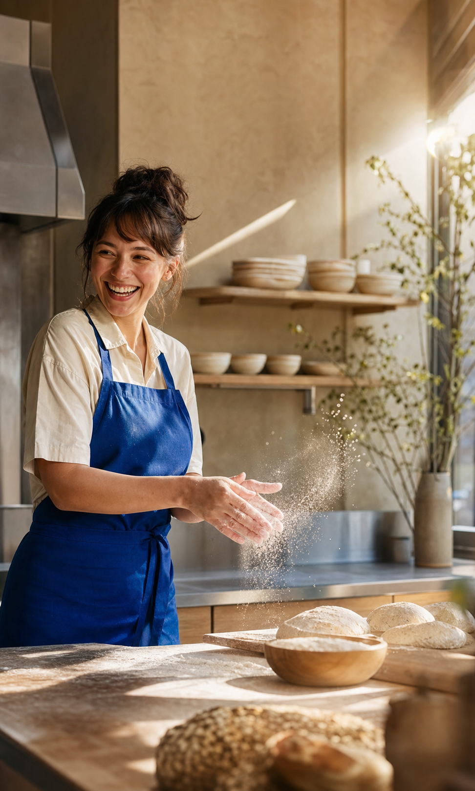 A smiling baker dusting flour in a sunlit bakehouse