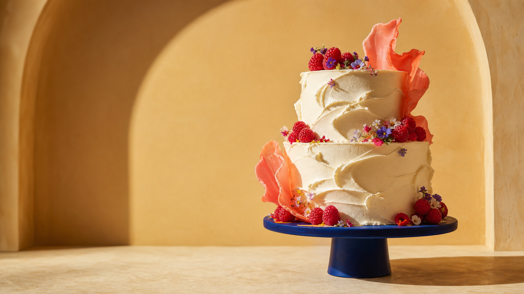 Sculptural raspberry celebration cake on a cobalt stand