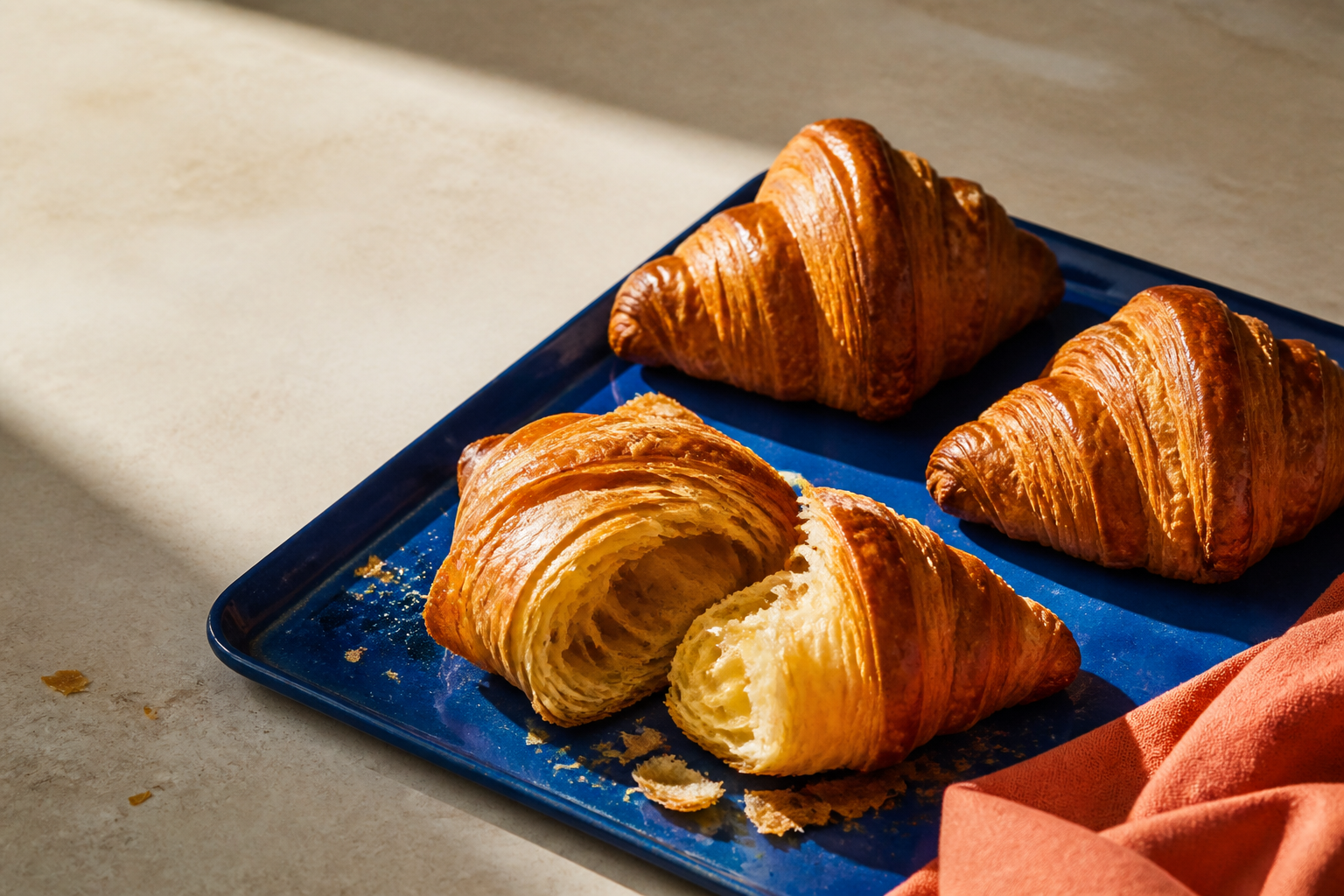 Golden croissants on a cobalt tray in bright morning light